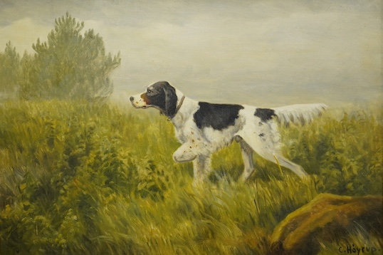 Carl Hoyrup (Danish 1893-1961), oil on canvas, Study of a gundog pointing, signed, 66 x 96cm, gilt framed. Condition - good